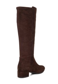 Knee-high brown suede boots with a rounded toe, block heel, and smooth texture. Side seam detail visible along the shaft.