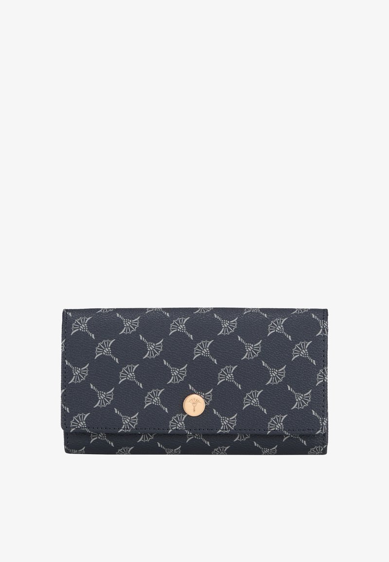 Portefeuille bleu marine avec un motif floral abstrait gris clair répété et une petite fermeture à bouton rond doré au centre avant.