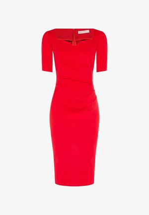 Robe rouge ajustée à manches courtes, avec un décolleté carré, des détails drapés et une fermeture éclair à l'arrière. Texture de tissu lisse.