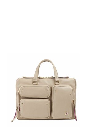 Beige rectangular leather briefcase with three front zippered pockets and dual top handles.