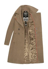 Beige uldblandingsfrakke med dobbeltbrystet design, nåleklapper og satinindvendig med røde detaljer og lommer.