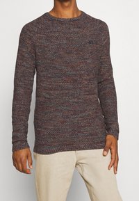 Strickpullover in einem strukturierten, mehrfarbigen Muster mit Schattierungen von Burgunderrot, Blau und Grau. Rundhalsausschnitt und gerippte Bündchen.