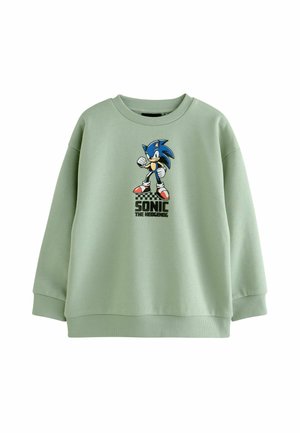 Sweat-shirt vert clair avec personnage Sonic the Hedgehog bleu imprimé et texte ""SONIC THE HEDGEHOG"" en noir sous le graphique.