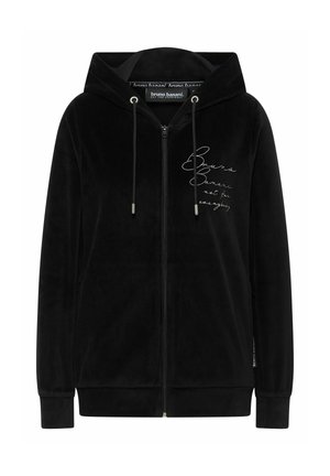 Sort lynlås-hættetrøje med snore, forlommer og hvidt broderet tekst "Bruno Banani ikke for alle" på brystet.