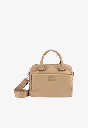 Borsa a mano rettangolare beige con due manici corti e tracolla regolabile attaccata sul lato, tasca frontale con etichetta del marchio.