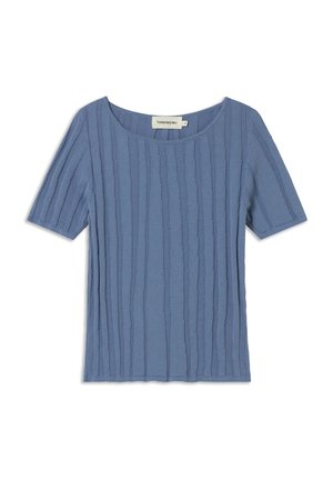 Blue short-sleeve top with a textured striped pattern, featuring a wide neckline and a relaxed fit. Made from a soft, smooth fabric.