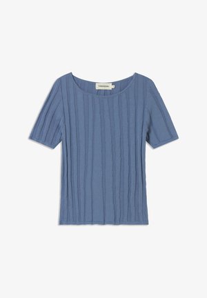 Blue short-sleeve top with a textured striped pattern, featuring a wide neckline and a relaxed fit. Made from a soft, smooth fabric.