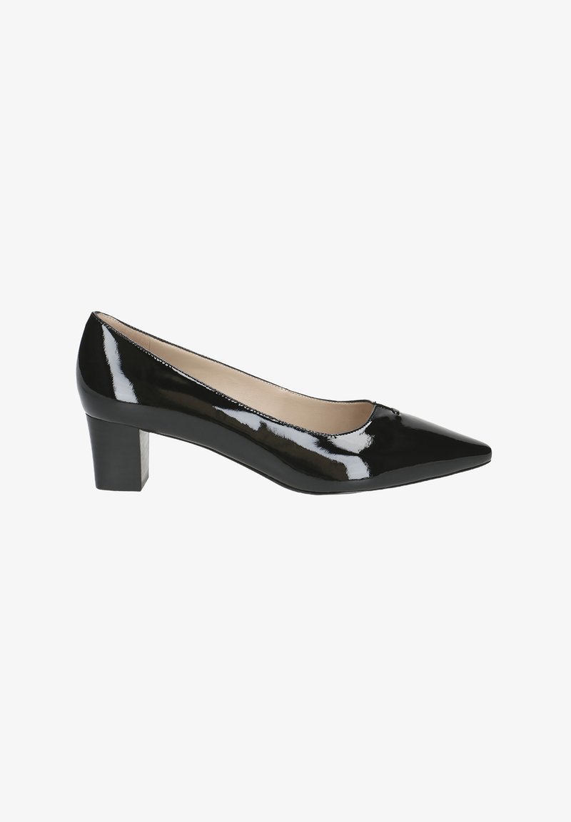 Black patent leather pump with a pointed toe and block heel. Smooth texture and minimal stitching detail.