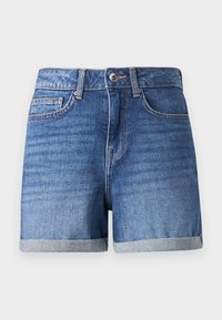 Denimske šorce u izblijedjelo plavoj boji s preklopom na rubu. Imaju patentni zatvarač, prednje džepove i suptilnu teksturu. Dugme za zatvaranje u struku.