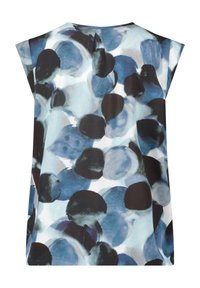 Květinová blůza s volným designem a rukávem ve stylu cap. Vzorová kresba ve vodovkovém stylu v odstínech modré, černé a bílé. Měkká textilie.