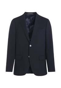 Mörk marinblå blazer i texturerad tyg, med två framfickor, en bröstficka och silverknappar. Slät innerfoder.