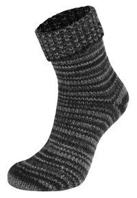 Gestickte Socke in Schwarz- und Graustreifen, mit einem gerippten Bündchen. Das Material wirkt weich und hat eine strukturierte Webart. Die Form ist knöchellang mit einer abgerundeten Spitze.