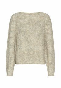 Beige gebreide trui met een ronde halslijn en lange mouwen, voorzien van een textuurpatroon en een relaxte pasvorm. Zacht, warm materiaal.