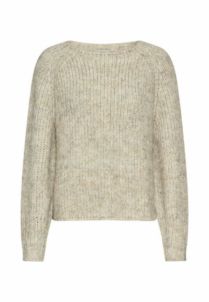 Beige knit sweater with a rounded neckline and long sleeves, featuring a textured pattern and a relaxed fit. Soft, warm material.