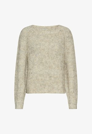 Beige striktrøje med rund halsudskæring og lange ærmer, der har et struktureret mønster og en afslappet pasform. Blødt, varmt materiale.