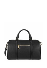 Borsa a mano in pelle nera con finitura texturizzata, dettaglio della cerniera dorata, due manici superiori e una tracolla staccabile, dotata di una tasca con zip sul davanti.