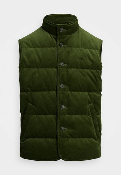 Grønn kordfløyels utenermed bluse med høy krage, med knapplukking foran og to horisontale lommer, kviltet tekstur og subtil merking.