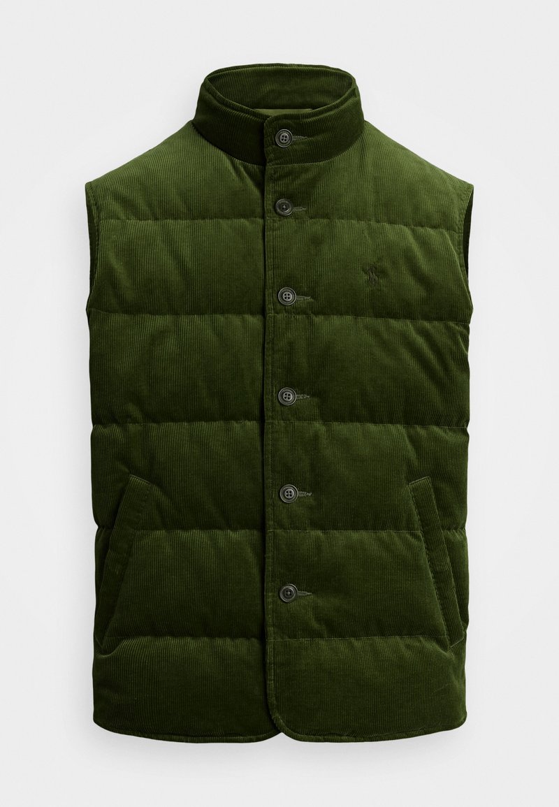 Grüne Cordweste ohne Ärmel mit hohem Kragen, Knopfverschluss und zwei horizontalen Taschen, gestepptem Muster und dezentem Branding.
