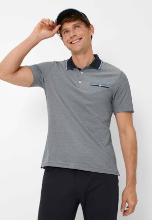 Gray polo shirt with a navy collar and blue accent detailing. Short sleeves, three-button placket, and a chest pocket with stripe.