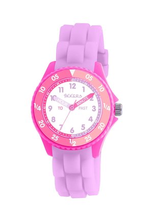 Orologio analogico per bambini rosa e viola con lancette delle ore e dei minuti etichettate e cinturino segmentato in silicone.