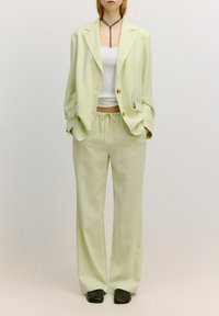 Lichtgroene blazer met gouden knopen, gecombineerd met bijpassende losse broek. Witte crop top daaronder. Zwarte schoenen en een zwarte choker ketting.