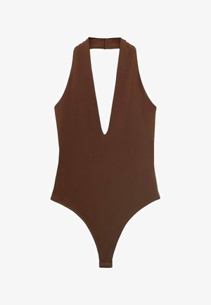 Smeđi jednodijelni kupaći kostim s dubokim V-izrezom i halter vratom, izrađen od glatkog materijala s visokim izrezom na nogama. Bez ukrasa.