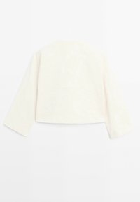 Veste courte à manches longues couleur blanc cassé avec un design simple et épuré et une coupe droite, vue de dos.