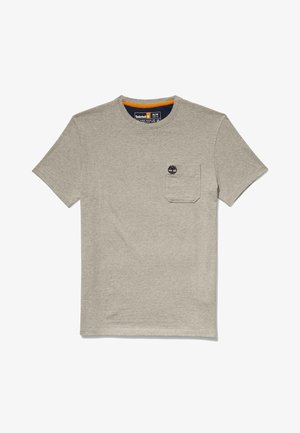 Lichtgrijs T-shirt met korte mouwen en ronde hals, met een borstzakje en een klein zwart Timberland-logo op het zakje.
