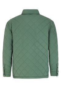 Groene gewatteerde jas met een kraag, ruitpatroon, knoopmanchetten en een gladde textuur, die een eenvoudig, functioneel ontwerp toont.