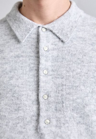 Heled hall alati polo särk, millel on klassikaline krae, viie nööbiga esipaneel ja pehme tekstuur koos peente toonimuutustega.