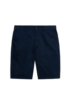 Navy blue shorts made of cotton blend material, featuring a flat front, zip fly, and belt loops. Classic design with side pockets.