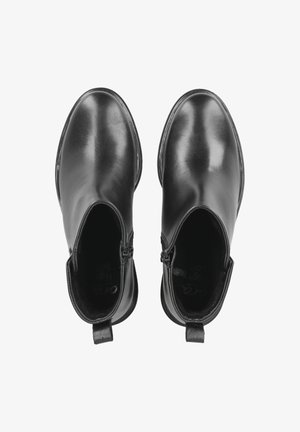 Schwarze Leder-Ankle-Boots mit glatter Oberfläche, Reißverschlüssen auf beiden Seiten und Zuglaschen an der Rückseite. Runde Zehen und flache Sohlen.