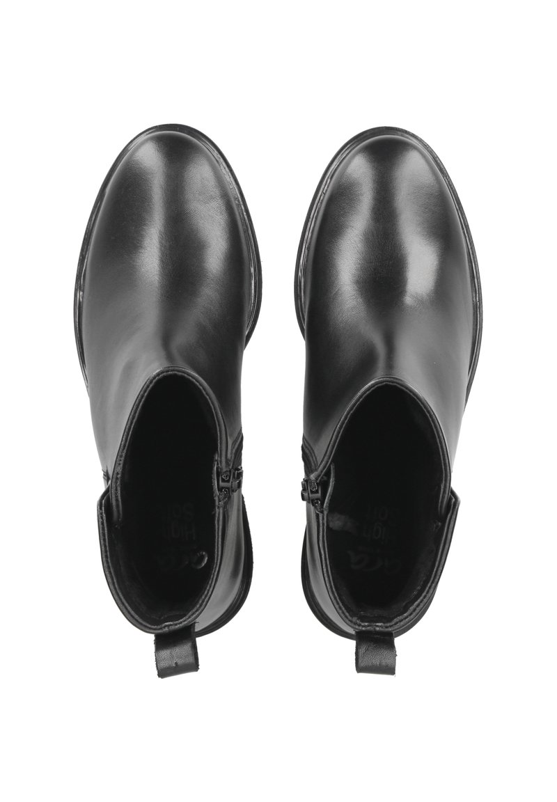 Schwarze Leder-Ankle-Boots mit glatter Oberfläche, Reißverschlüssen auf beiden Seiten und Zuglaschen an der Rückseite. Runde Zehen und flache Sohlen.