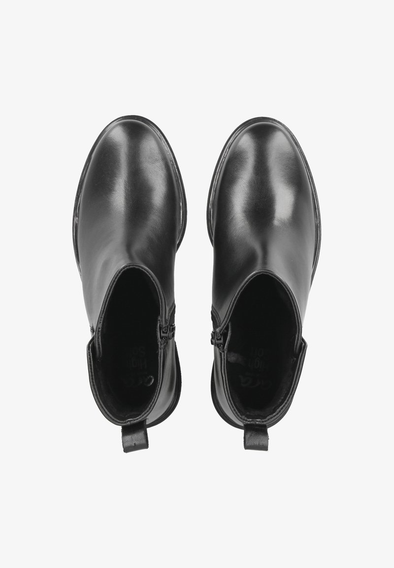 Schwarze Leder-Ankle-Boots mit glatter Oberfläche, Reißverschlüssen auf beiden Seiten und Zuglaschen an der Rückseite. Runde Zehen und flache Sohlen.