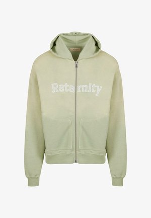 Vaaleanvihreä vetoketjullinen huppari, jossa on "Reternity" valkoisella tekstillä, kaksi etutaskua, ribbaatut hihansuut ja helma, sekä pehmeä kangaslaatu.