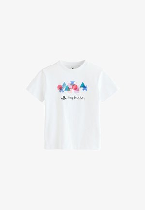 White cotton t-shirt featuring colorful graphic shapes and the PlayStation logo in black. Short sleeves with a round neck.