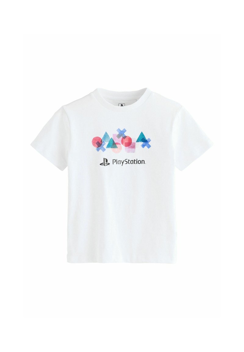 Hvid bomuldstrøje med farverige grafiske figurer og PlayStation-logoet i sort. Korte ærmer med rund hals.