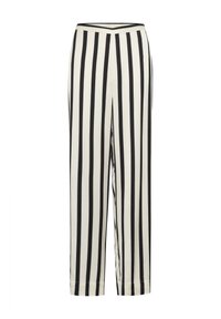 Pantaloni a righe bianche e nere con un design a gamba dritta e una vita elasticizzata. Realizzati in tessuto leggero con una texture liscia.