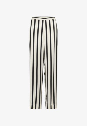 Pantalones de rayas en blanco y negro con un diseño de pierna recta y una cinturilla elástica. Elaborados en una tela ligera con una textura suave.