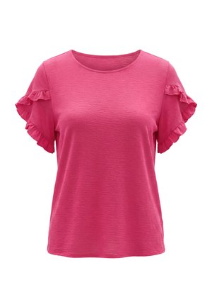 Lyserød kortærmet top med rund halsudskæring og dobbelte flæsedetaljer på ærmerne, i ensfarvet tekstureret stof.