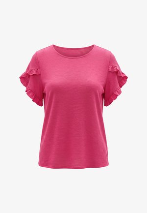 Lyserød kortærmet top med rund halsudskæring og dobbelte flæsedetaljer på ærmerne, i ensfarvet tekstureret stof.