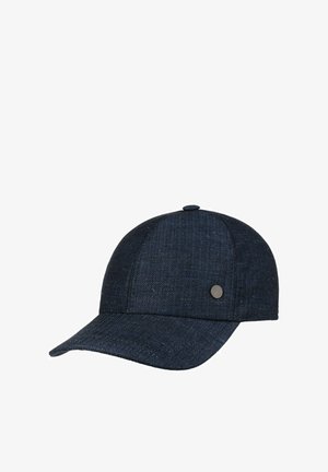 Dark blue herringbone pattern baseball cap with a curved brim and a small round metal button on the front side, shown on a plain background.