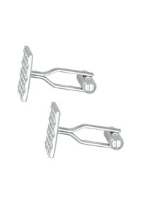 Boutons de manchette en argent avec un motif en diamant texturé, présentant une finition lisse et polie ainsi qu'un mécanisme de fermeture incurvé pour un port sécurisé.