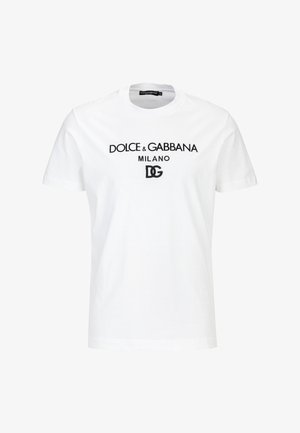 Weißes Baumwoll-T-Shirt mit schwarzem gesticktem Text: "DOLCE & GABBANA MILANO" und einem Logo. Klassischer Rundhalsausschnitt und kurze Ärmel.