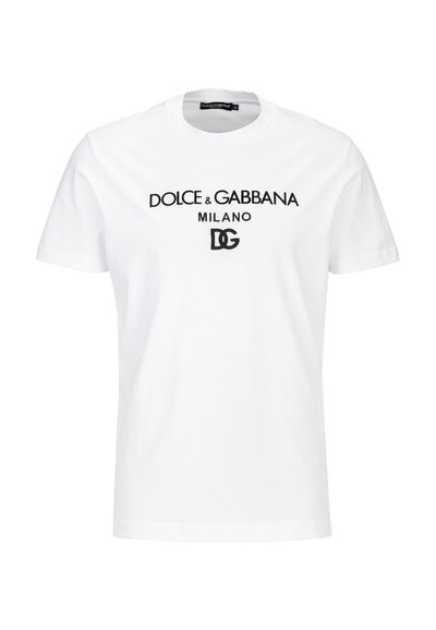 Witte katoenen T-shirt met zwarte geborduurde tekst: "DOLCE & GABBANA MILANO" en een logo. Klassieke ronde halslijn en korte mouwen.