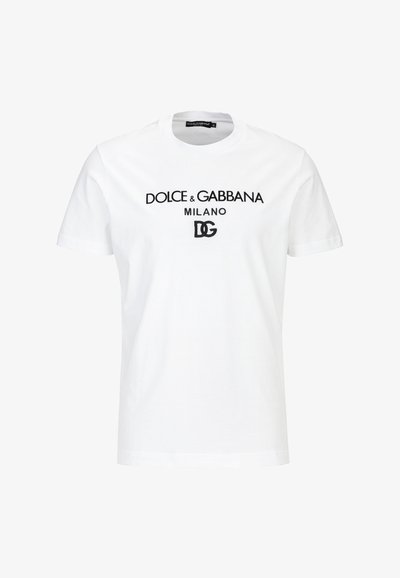 Witte katoenen T-shirt met zwarte geborduurde tekst: "DOLCE & GABBANA MILANO" en een logo. Klassieke ronde halslijn en korte mouwen.