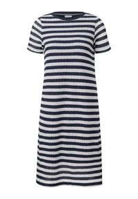 Strickkleid mit horizontalen navy- und weißen Streifen, rundem Halsausschnitt und kurzen Ärmeln. Lässiger, lockerer Schnitt mit strukturiertem Stoff.