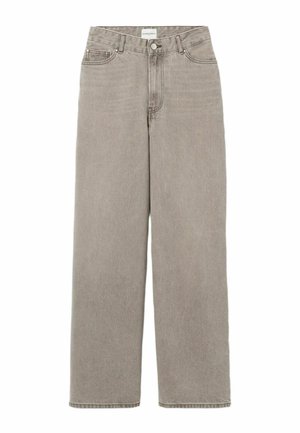 Jeans a vita alta con gamba larga di un grigio chiaro, realizzati in denim, con chiusura a pulsante frontale, due tasche laterali e cuciture visibili lungo le cuciture.
