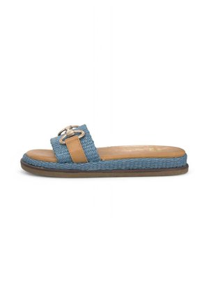 Blue woven slide sandal with tan leather accents, a flat sole, and a double metal buckle detail on the strap.