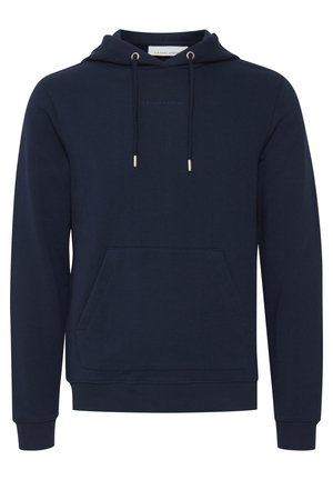 Marineblauwe hoodie van zacht materiaal, met een kangoeroezak, een capuchon met trekkoorden met metalen uiteinden, en elastische mouwen en zoom.